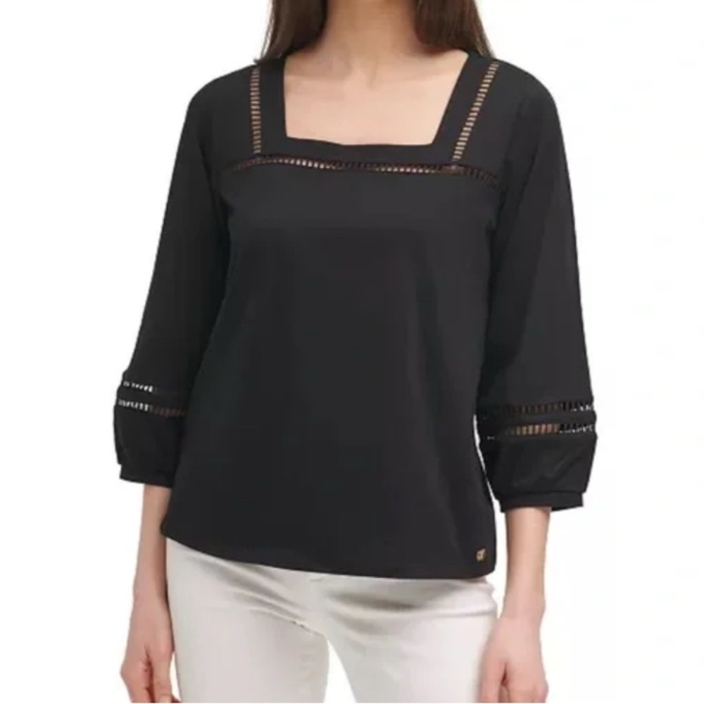 Calvin Klein Black Blouse with Square Neckline Size M Peasant Boho Oversized
